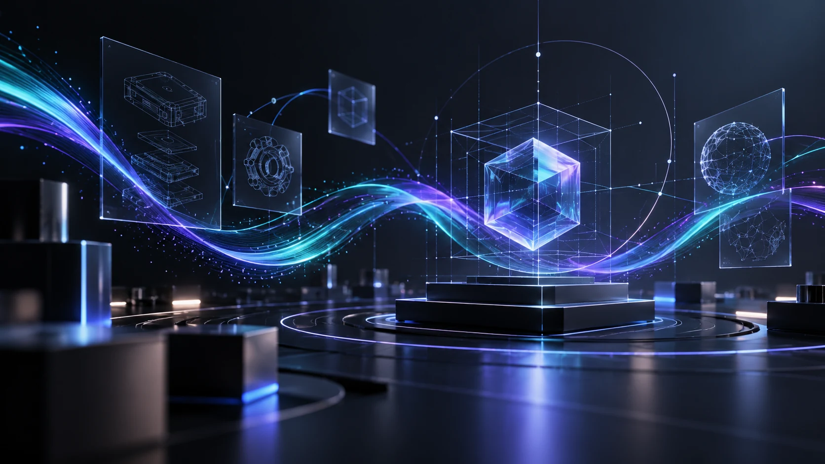 Visual tecnológico de Iridio con geometría, datos y luz iridiscente