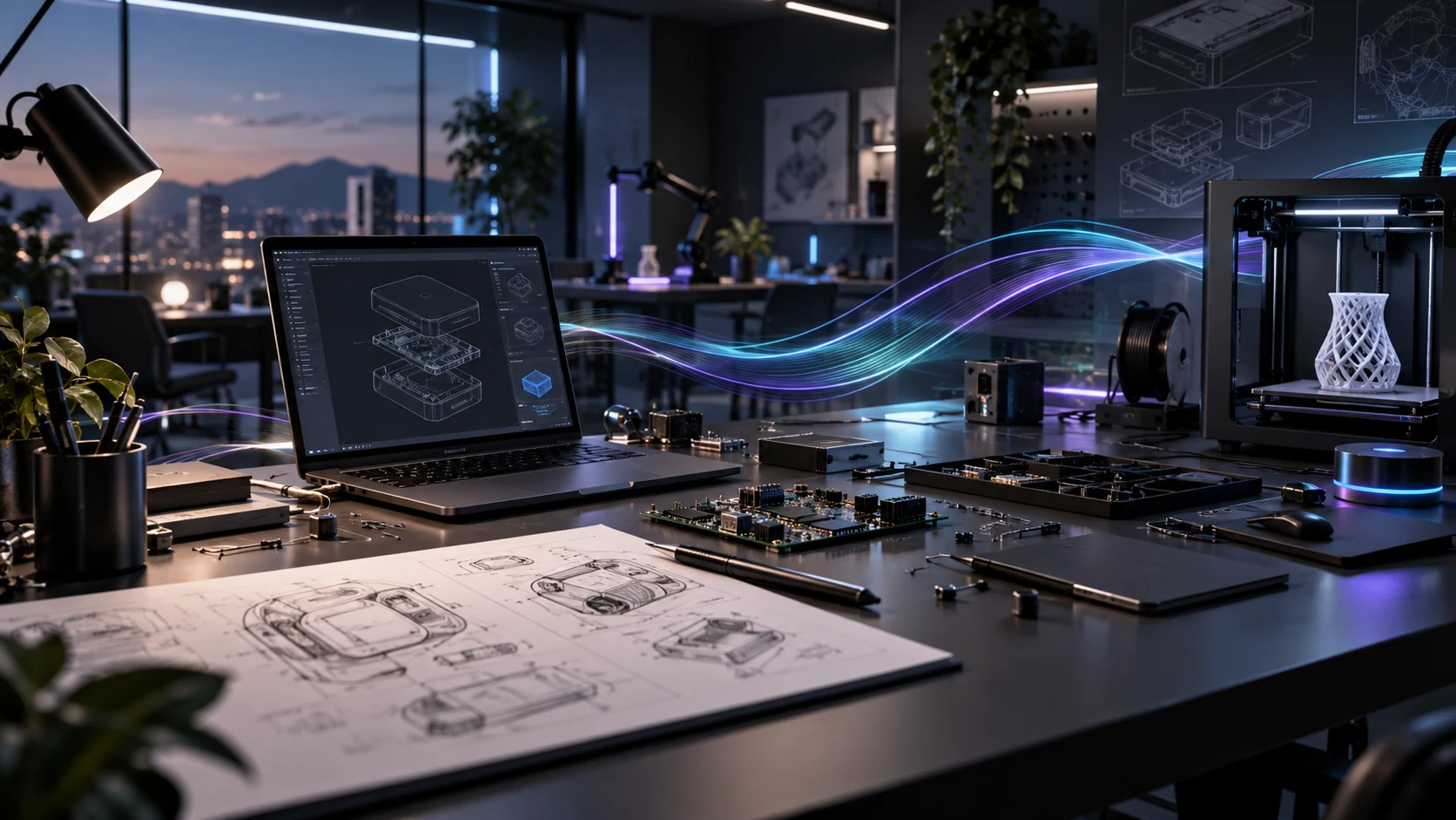 Mesa de trabajo con electrónica, CAD y prototipado